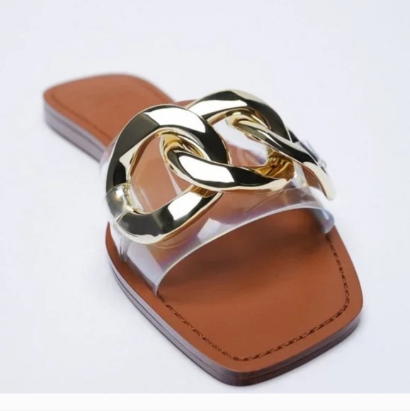 NWOT Zara Size 41 (9/10 US) Gold Metal Chain Flat Sandals! - Picture 2 of 13